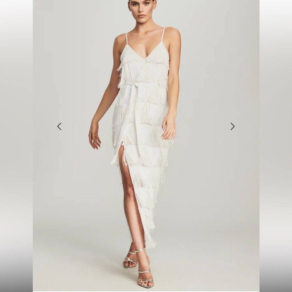 $1095 Retrofete Fringe Rebecca Dress white beaded maxi bridal party event XS